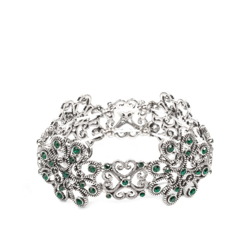 Paparazzi Silver and Green Bracelet with Intricate Design Medallion Whimsical